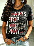 Women'S Retro Faith Art Cross Print Round Neck Short Sleeved T-Shirt