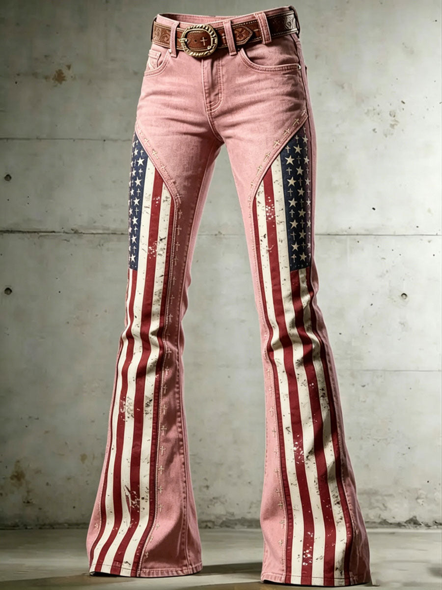 Ladies' American Flag Pattern Cross Printed Trumpet Pants