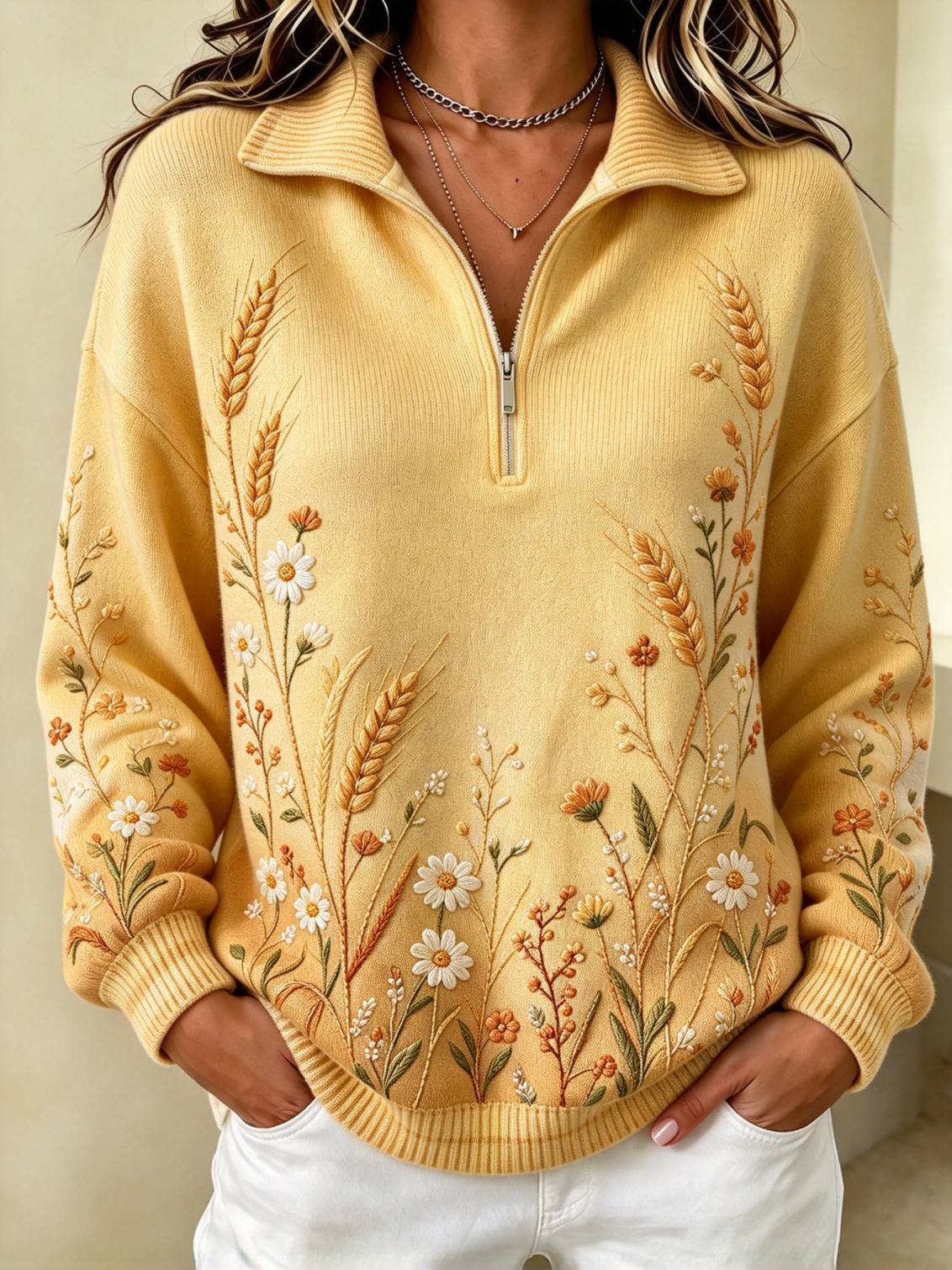 Women Wild Wheat Daisy Floral Embroidery Half Zip Sweatshirt