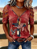 Female Casual Hollowed Out Patriotic T-Shirt