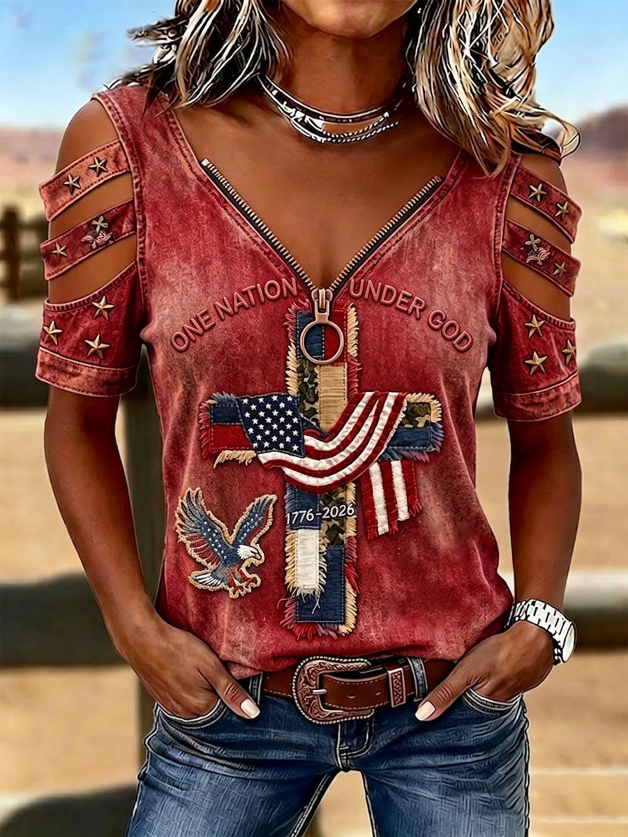 Female Casual Hollowed Out Patriotic T-Shirt