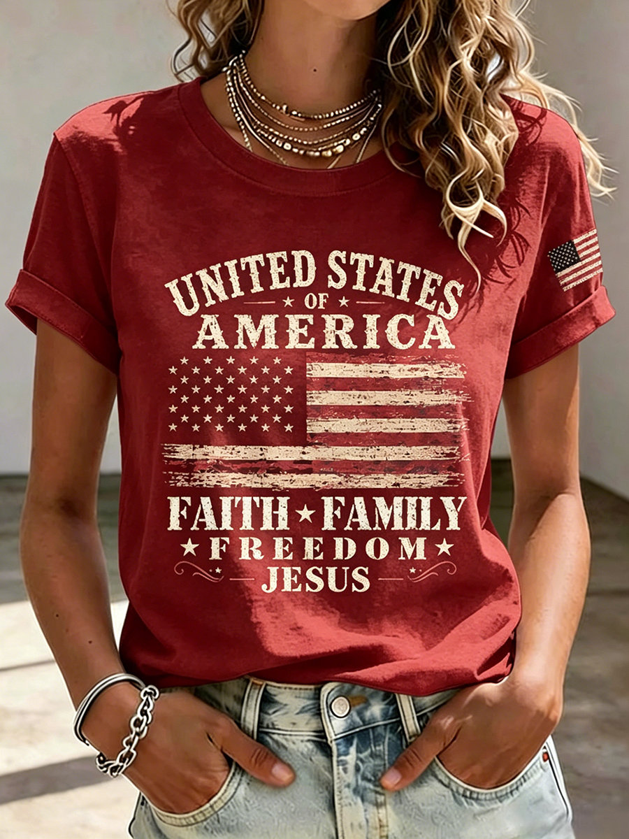 American Flag Jesus Faith Commemorative Print Round Neck T-Shirt