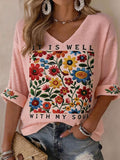 Women's Faith Floral Printed Casual Waffle Long Sleeve T-shirt