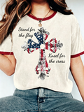 Women's America's 250th Anniversary Stand For The Flag Kneel For The Cross Faith Christian Cross Print T-Shirt