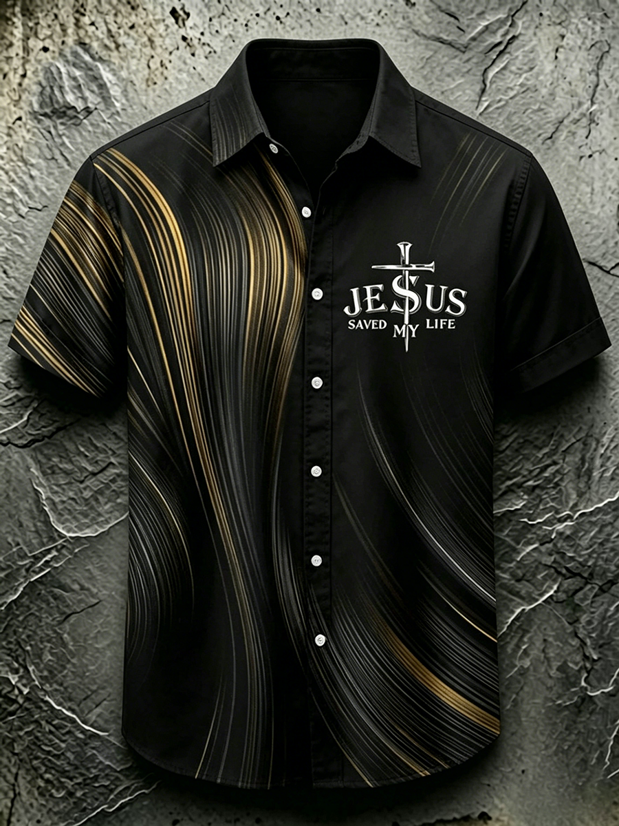 Religious Belief Cross Embroidery Printed Lapel Shirt