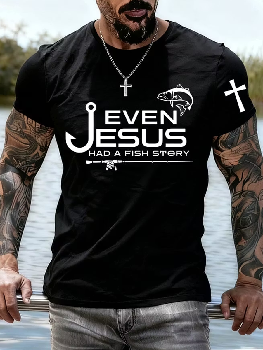Men'S Jesus Also Told The Story Of The Fish Printed T-Shirt