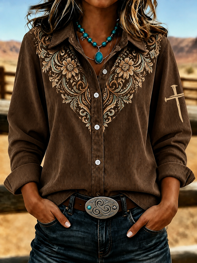 Women'S Retro Cross Corduroy Button Up Shirt