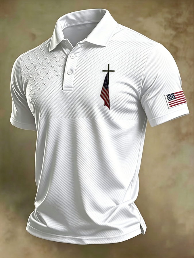 Men'S Retro National Flag And Cross Print Casual Polo Shirt