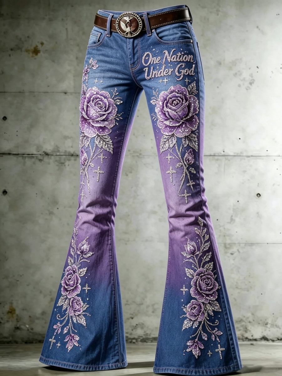 Faith & Floral Glitter Print Women's Flared Pants