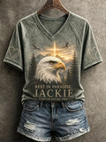 Retro Jackie Bald Eagle Faith Memorial Print V Neck T-Shirt