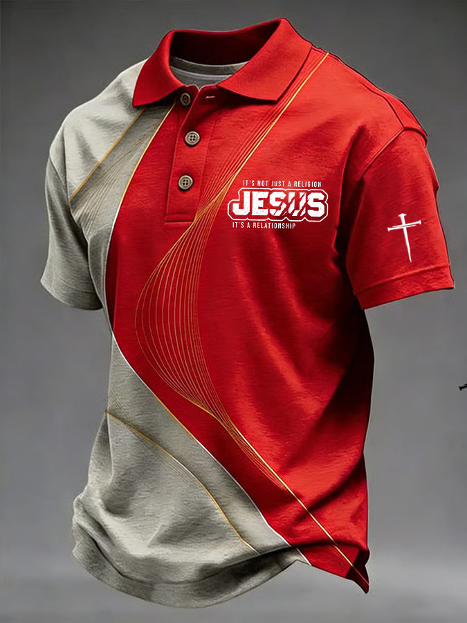 Men's Retro Faith Cross Print Casual Polo Shirt