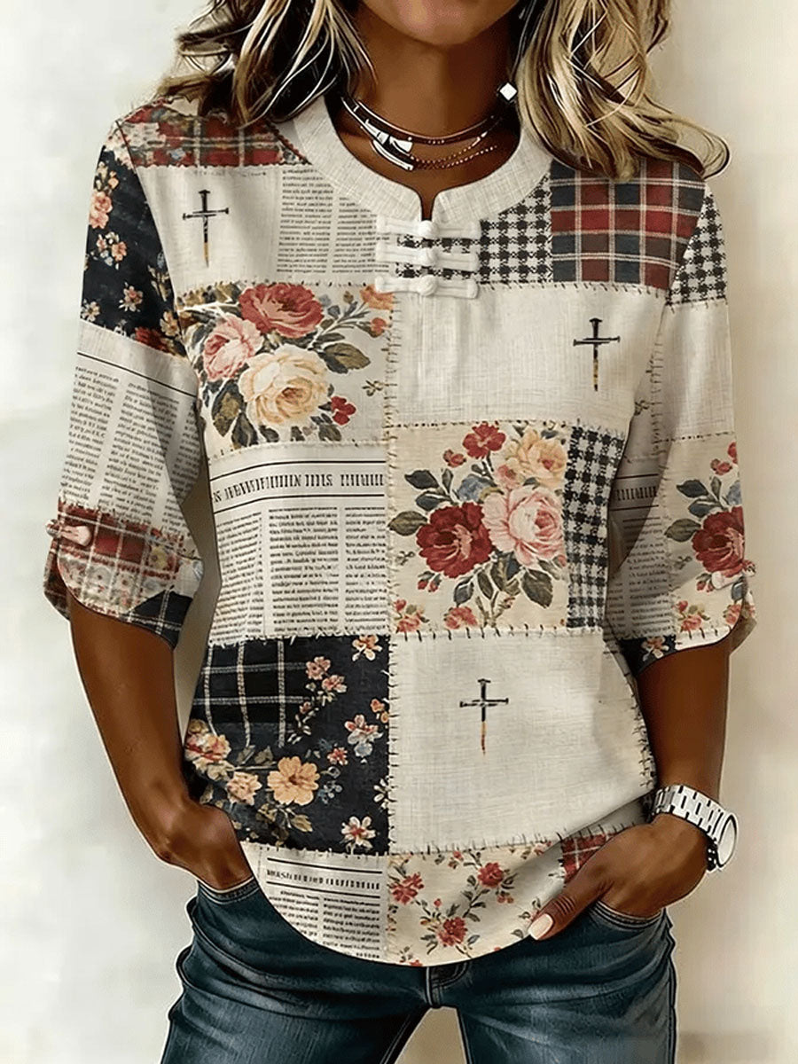 Women'S Casual Floral Faith Print Cotton Linen Top