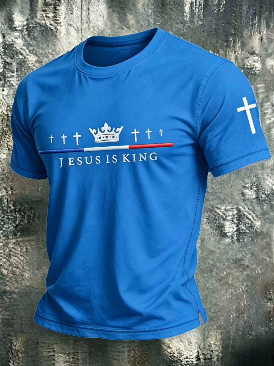 Faith Jesus Cross Embroidered Printed Casual Round Neck T-Shirt