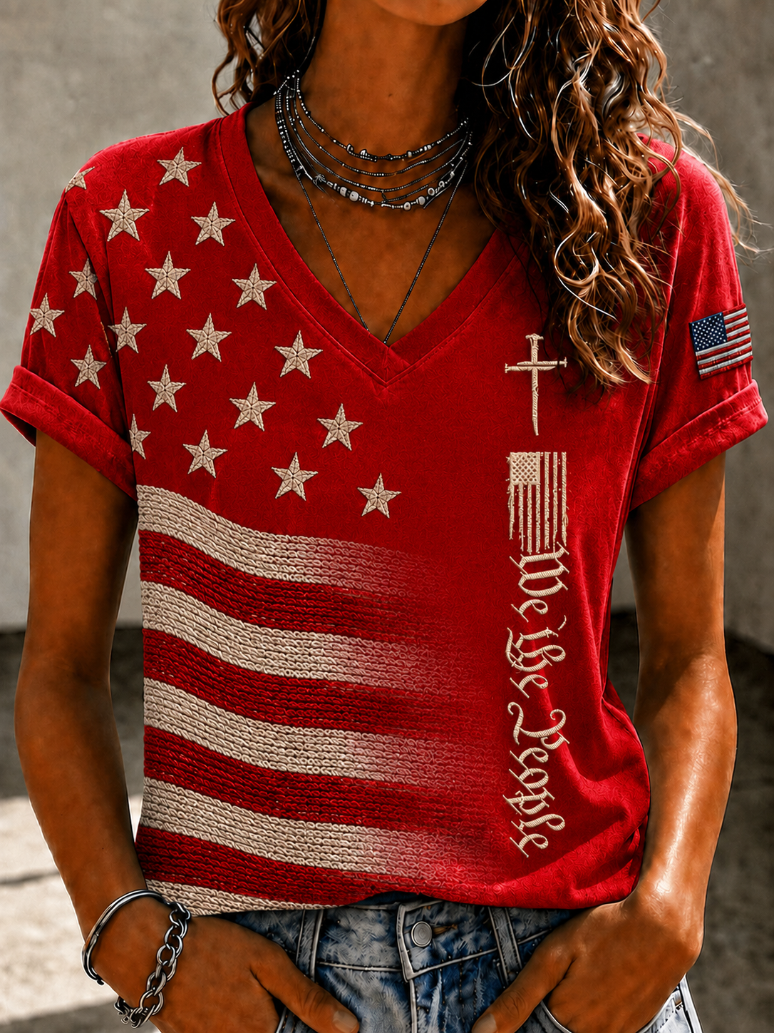 Women'S Faith Cross American Flag Printed Casual V-Neck T-Shirt