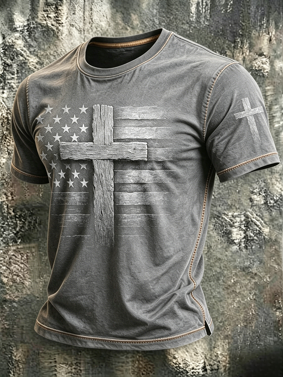 American Flag Faith Printed Round Neck T-shirt