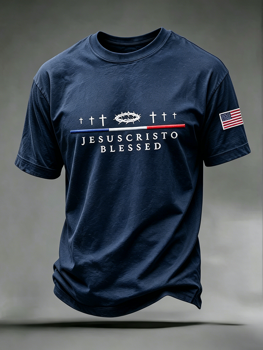 Faith Jesus Cross Embroidered Printed Casual Printed Round Neck T-Shirt