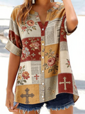 Women'S Retro Casual Floral Cross Art Print Short-Sleeve Shirt