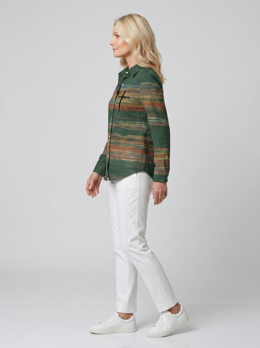 Women's Autumn Faith Cross Striped Printed Button-up Shirt