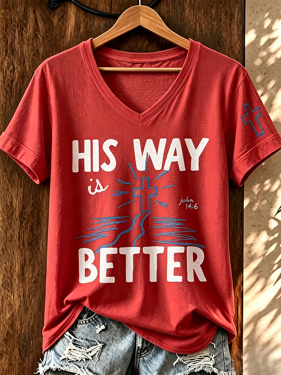 Faith In Jesus Slogan Commemorative Print V-Neck T-Shirt