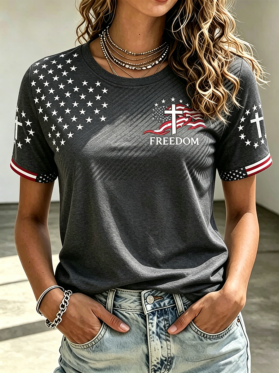 American Flag Faith Cross Commemorative Print Round Neck T-Shirt