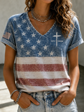 Women'S Clothing Belief Freedom And Flag Print Casual V-Neck Top