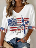 Women'S Retro Independence Day Faith Rose Pattern Casual V-Neck T-Shirt