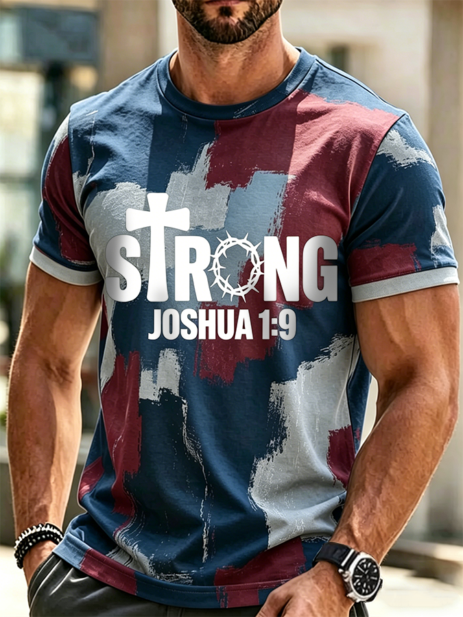 Men's Strong Joshua 1:9 Crown Of Thorns Cross Color Block Casual T-Shirt