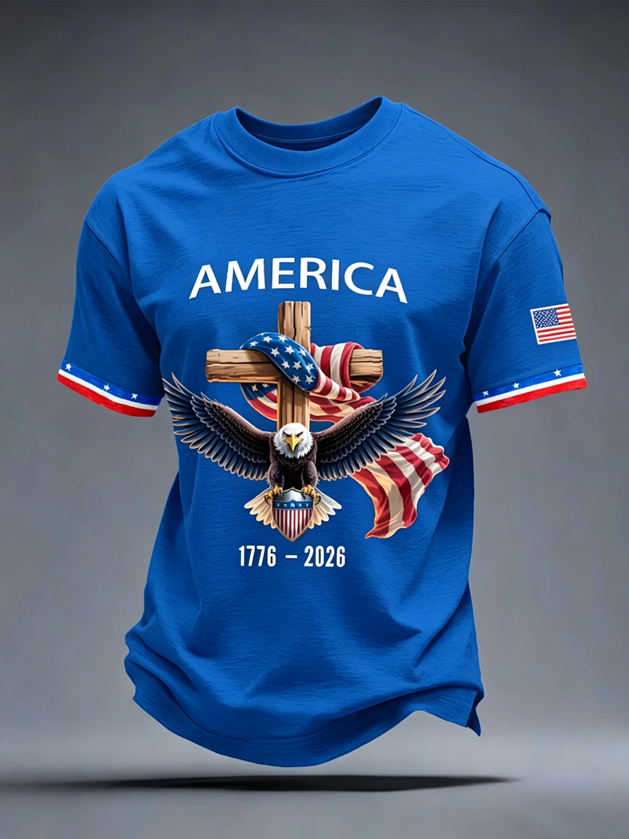 American Flag Commemorative Eagle Cross Printed Round Neck T-Shirt