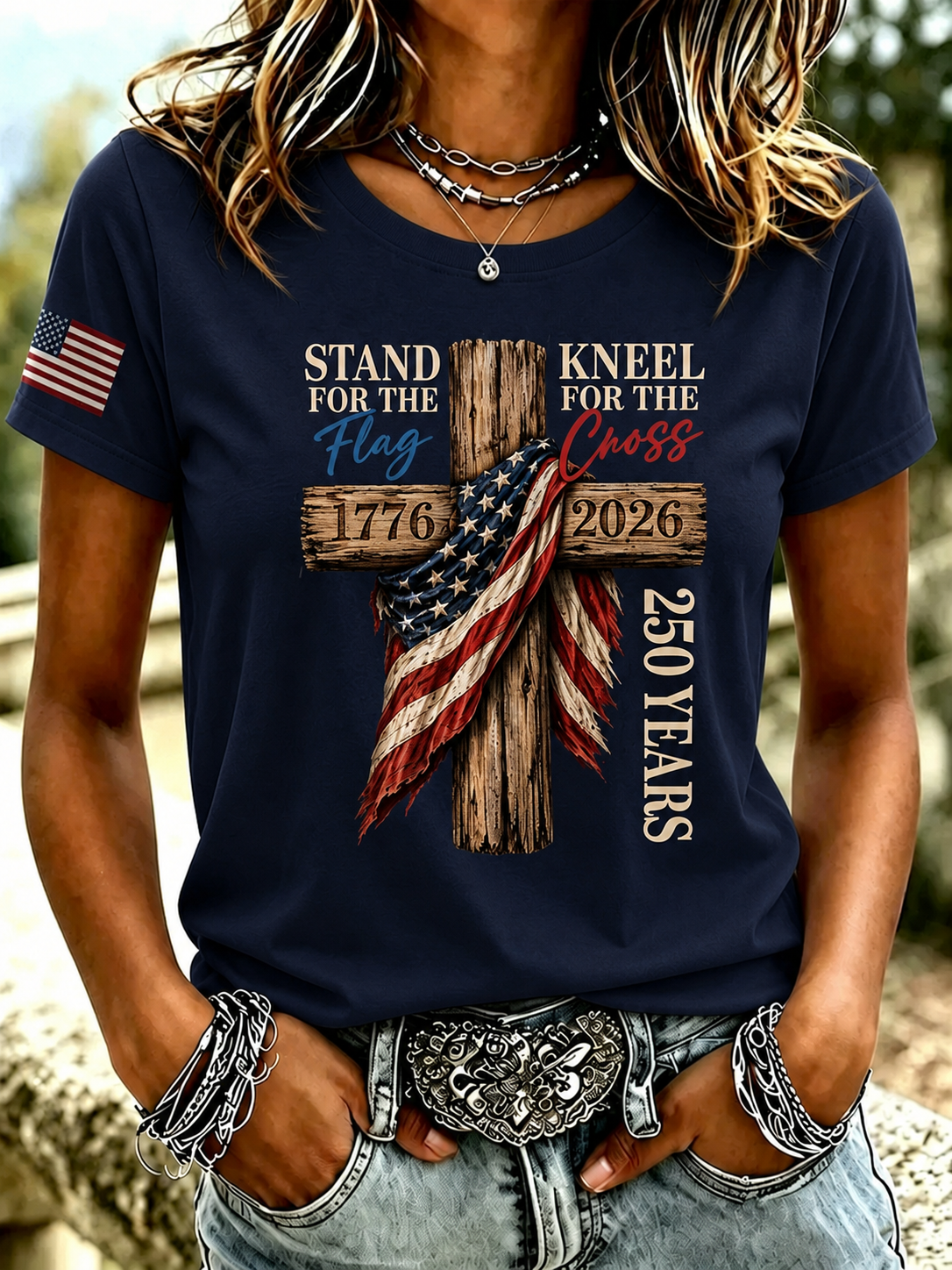 Women's Casual American Solitary Cross Printed T-shirt