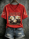 Retro Jackie The Bald Eagle Print V Neck T-Shirt