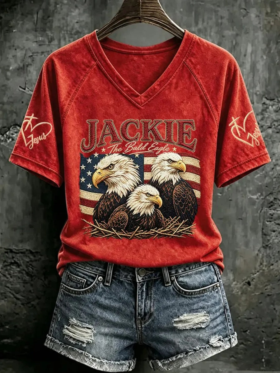 Retro Jackie The Bald Eagle Print V Neck T-Shirt