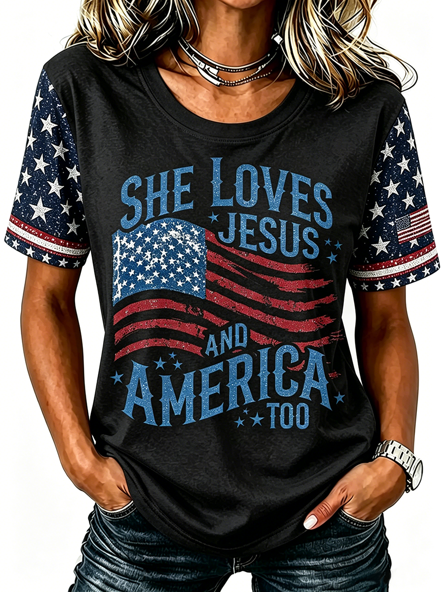 American Flag Jesus Faith Glitter Commemorative Print Round Neck T-Shirt