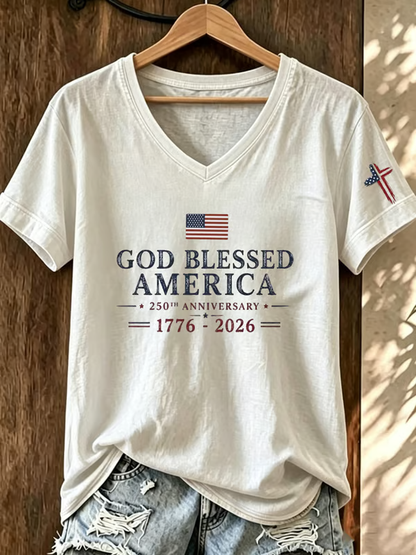 God Bless The United States Commemorative Print V-Neck T-Shirt