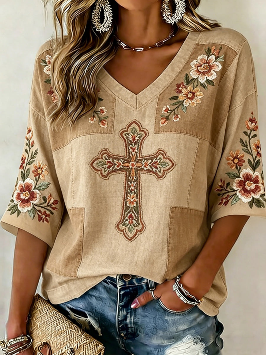 Retro Faith Floral Patchwork Art Women's Short-Sleeve V-Neck T-Shirt