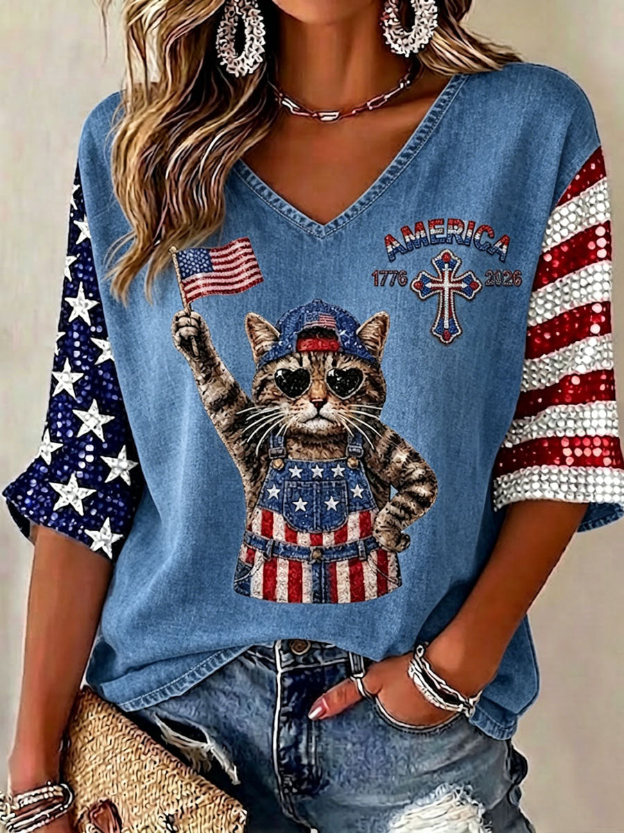 Ladies' American Cat Flag Cross Pattern V-Neck Casual Top
