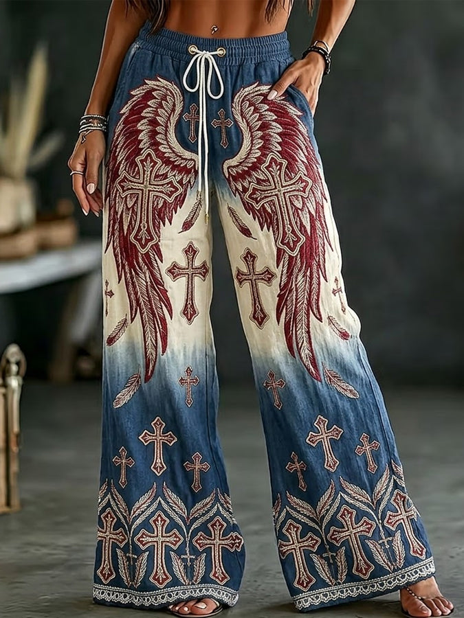 Women's Religious Independence Day Print Drawstring Wide Legal Casual Pants