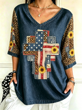 Women's God Family Country Flag Cross V Neck 3/4 Sleeve Casual Tee