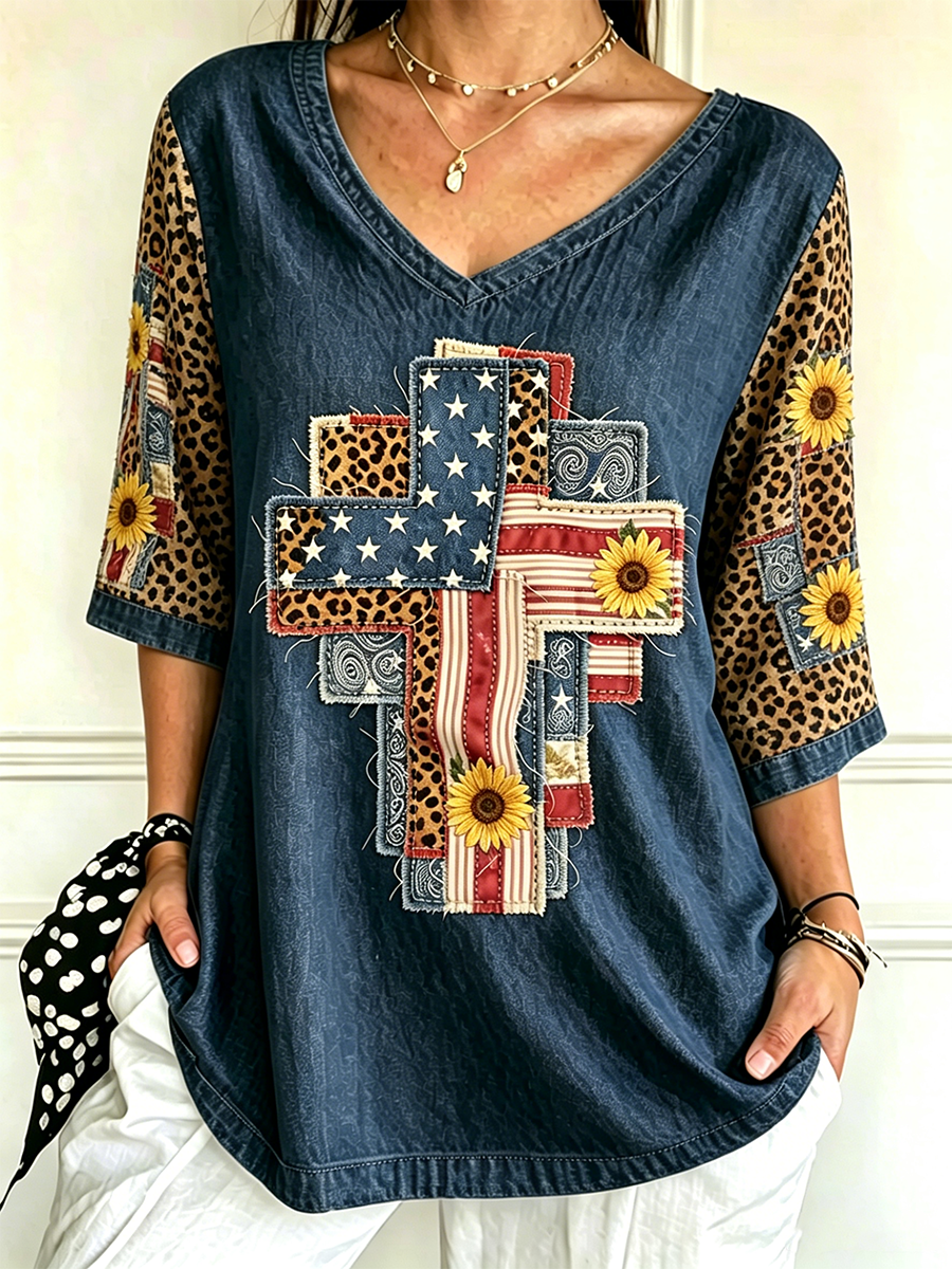 Women's God Family Country Flag Cross V Neck 3/4 Sleeve Casual Tee