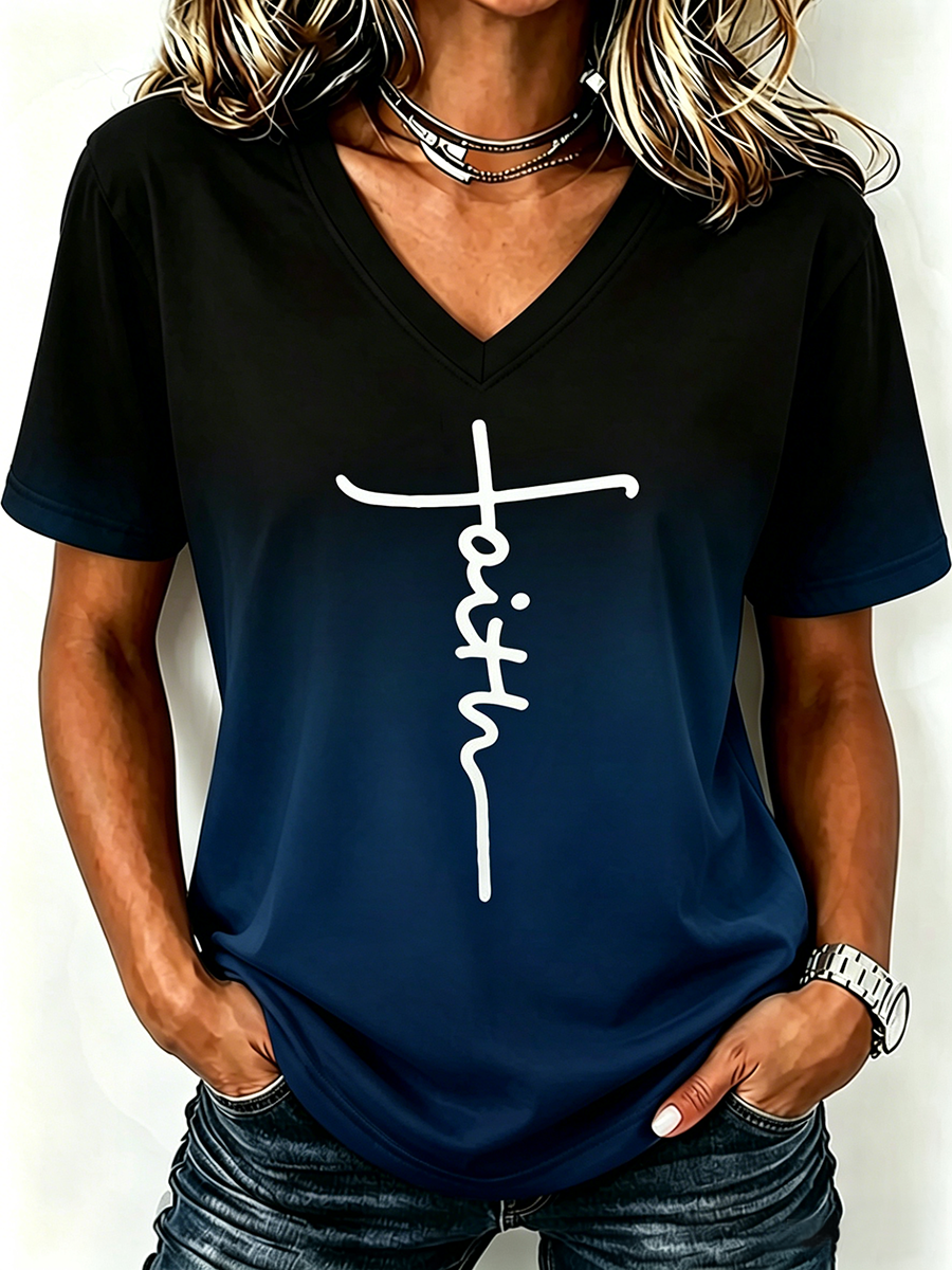 Faith Cross Print Gradient V-Neck Top