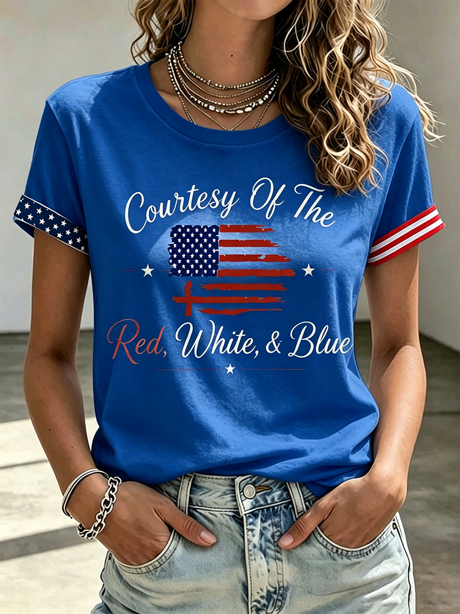 American Flag Faith Cross Commemorative Printed Casual T-Shirt