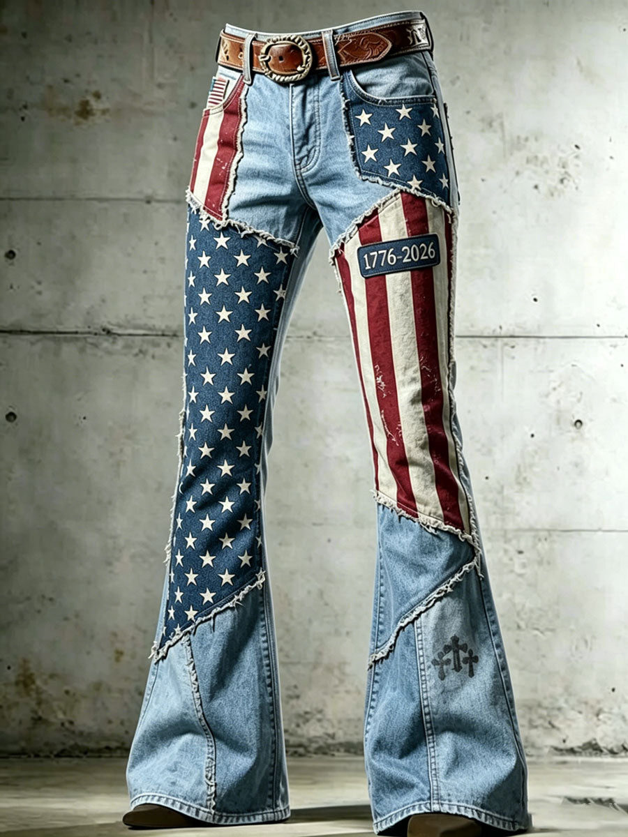 Ladies' American Flag Pattern Cross Printed Trumpet Pants