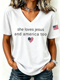 She Loves Jesus And America Too Flag Commemorative Print V-Neck T-Shirt