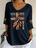 Women's God Family Country Flag Cross V Neck 3/4 Sleeve Casual Tee