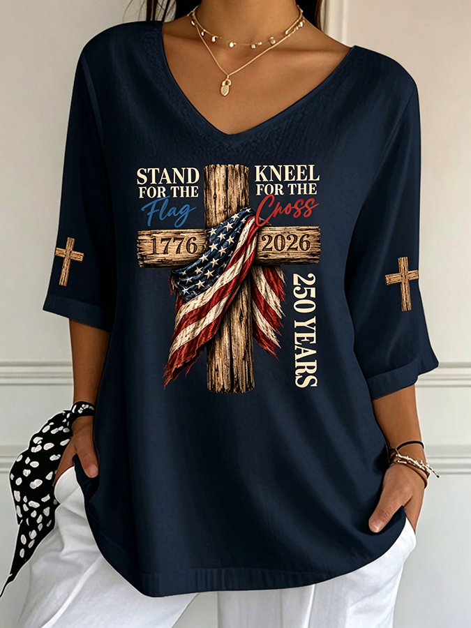 Women's God Family Country Flag Cross V Neck 3/4 Sleeve Casual Tee