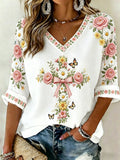 Women's faith embroidered printed top