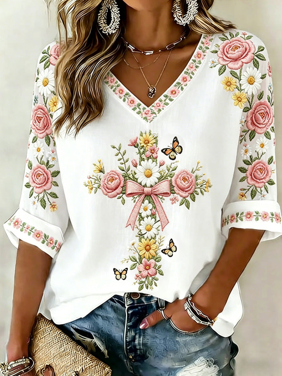 Women's faith embroidered printed top