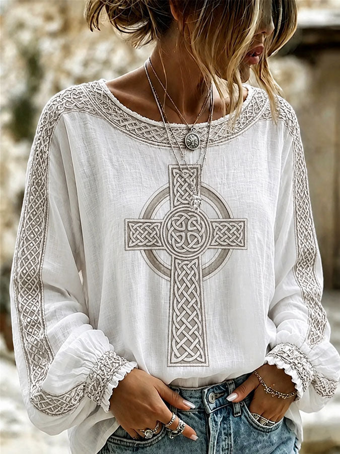 Women's Cross Printed Casual Cotton and Linen Top