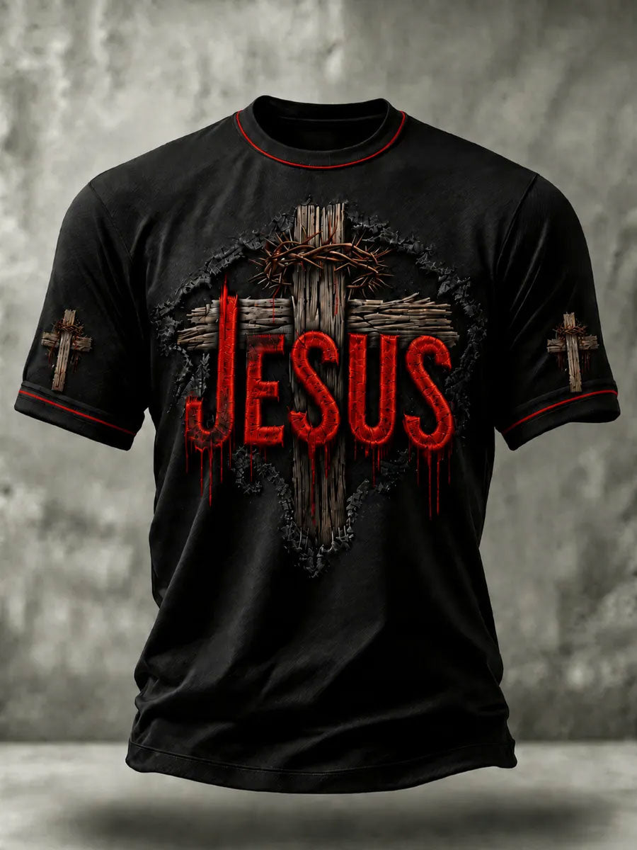 Men's Christian Jesus Cross Print Short Sleeve T-shirt
