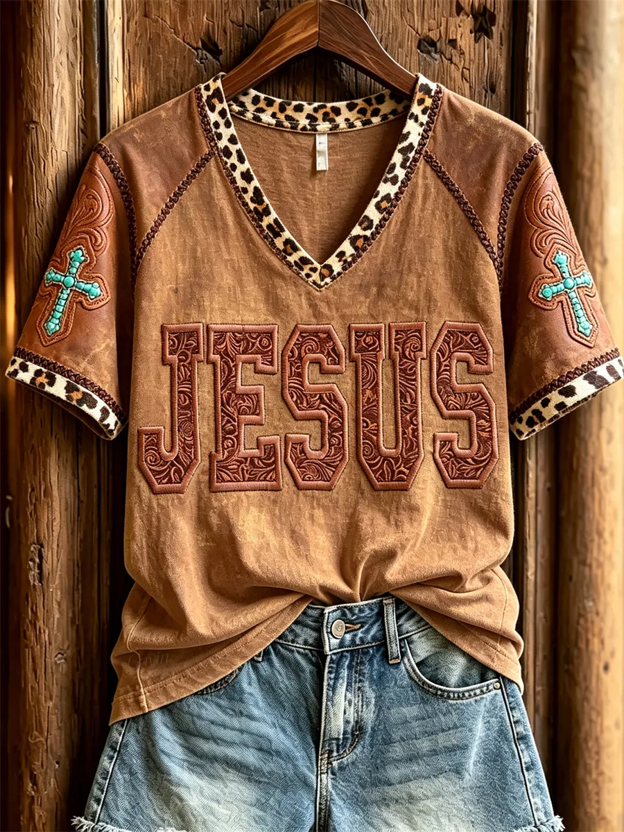 Women'S Western Jesus Embossed Art Turquoise Cross Leopard Print Short-Sleeved T-Shirt