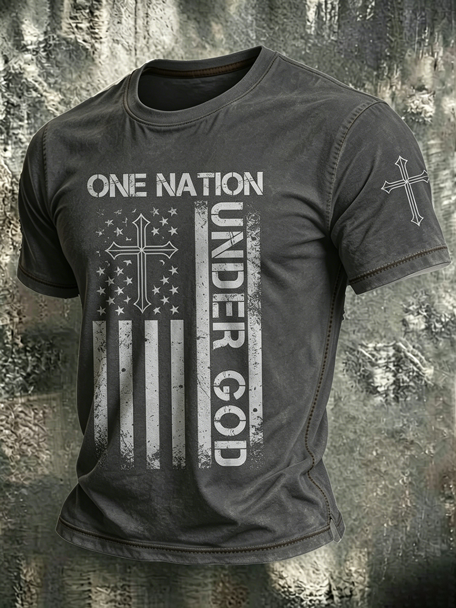 American Faith Cross Slogan Commemorative Print Round Neck T-Shirt
